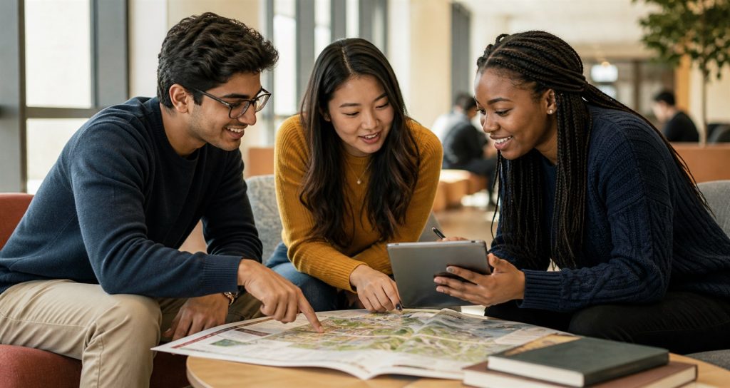 Students comparing university options with a campus map and tablet