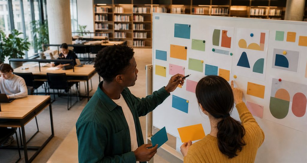 Students comparing scholarship opportunities on a research board