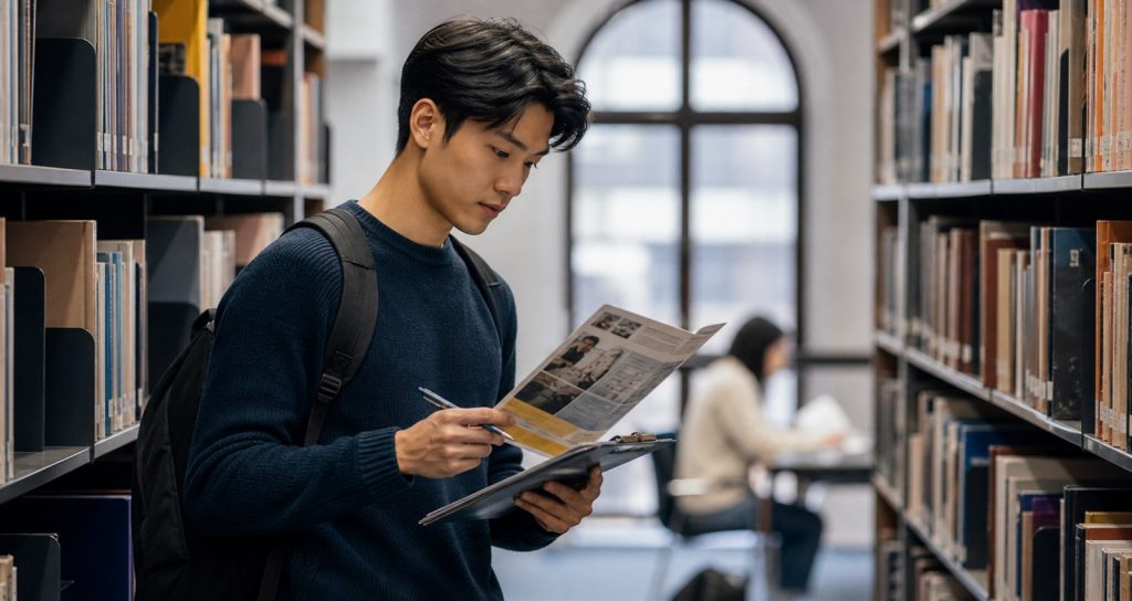 Student researching scholarship opportunities in a university library