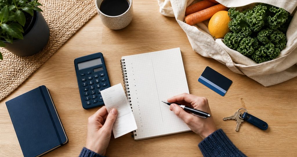 Student planning living costs with groceries and a budget notebook