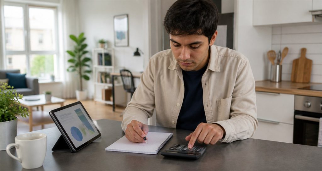 Student preparing a study budget with a calculator and tablet