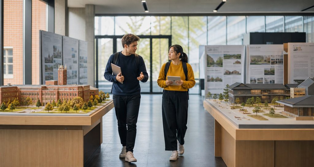 Students comparing German and Japanese university campus models
