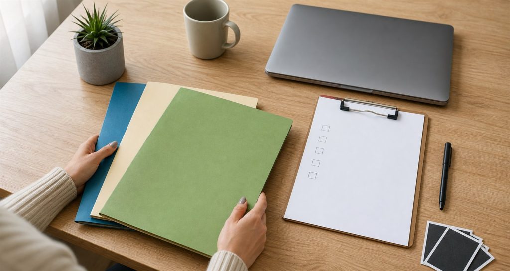 Student organizing color-coded folders for a study visa application