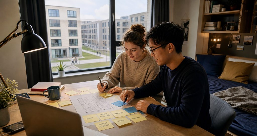 Students planning accommodation and living costs together