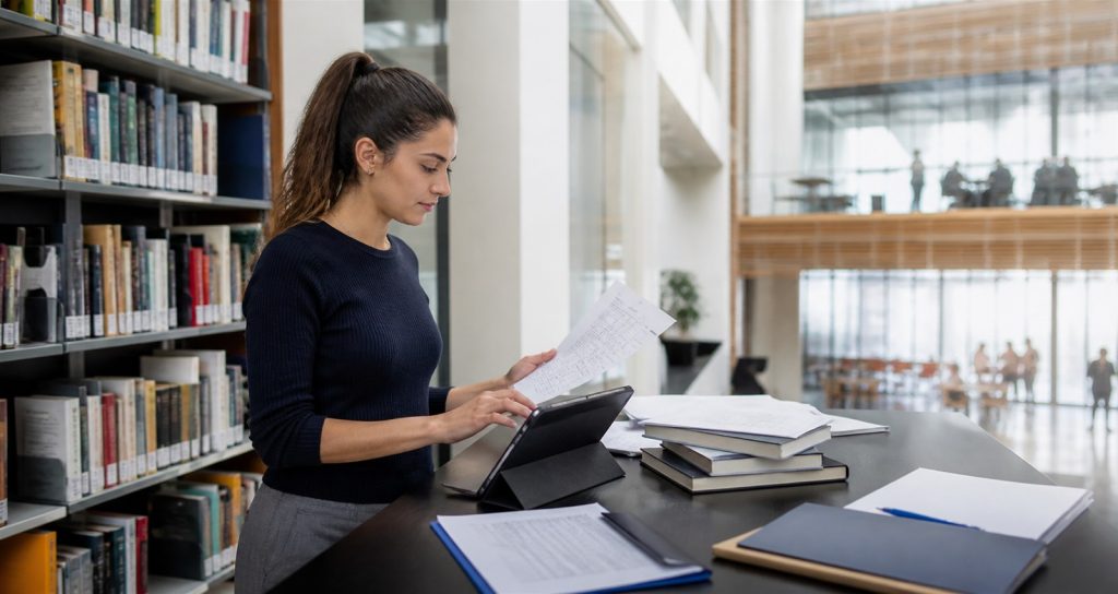Student comparing academic admission requirements in a university library