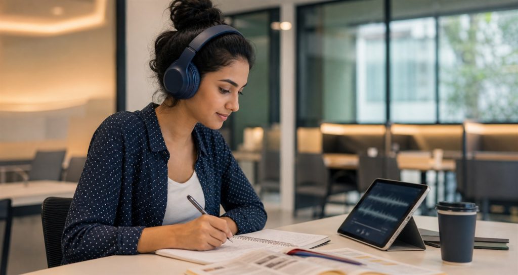 International student practicing English listening and note-taking