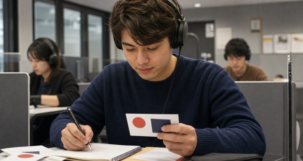 International student practicing Japanese with headphones and flashcards