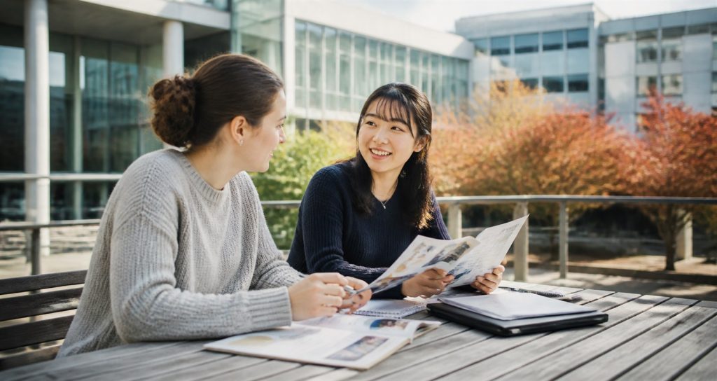 Students discussing scholarship opportunities on a university terrace