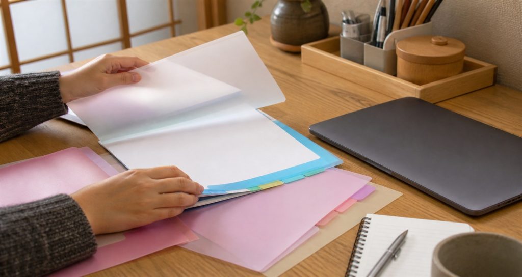 Student organizing color-coded application folders in a Japanese-style workspace