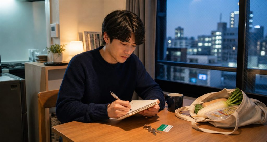 Student planning living costs in a compact Japanese apartment