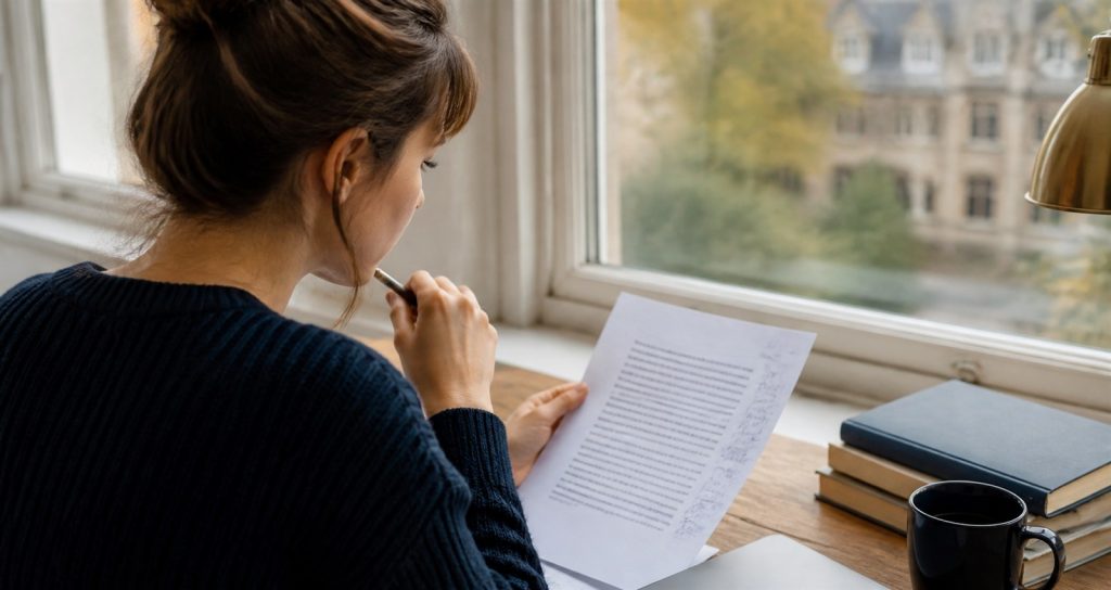 Student thoughtfully reviewing a draft university motivation letter
