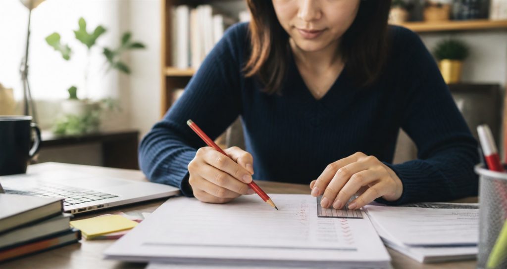 Student carefully proofreading and correcting application materials