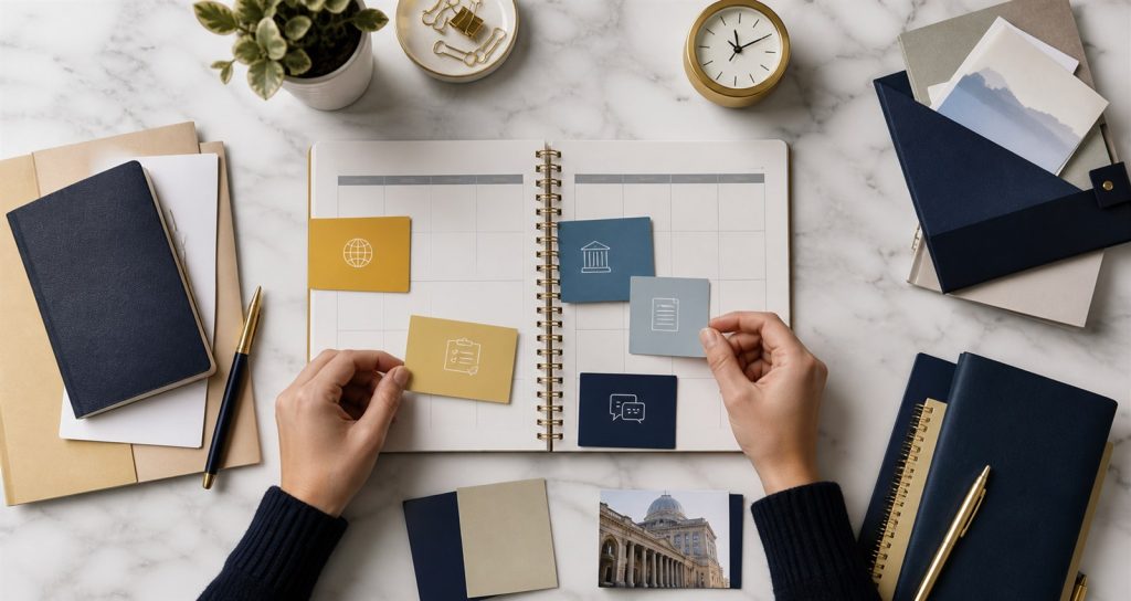 Hands arranging application milestones on a study abroad planner