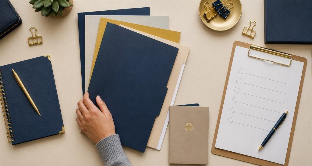 Student organizing folders and a checklist for a study abroad application