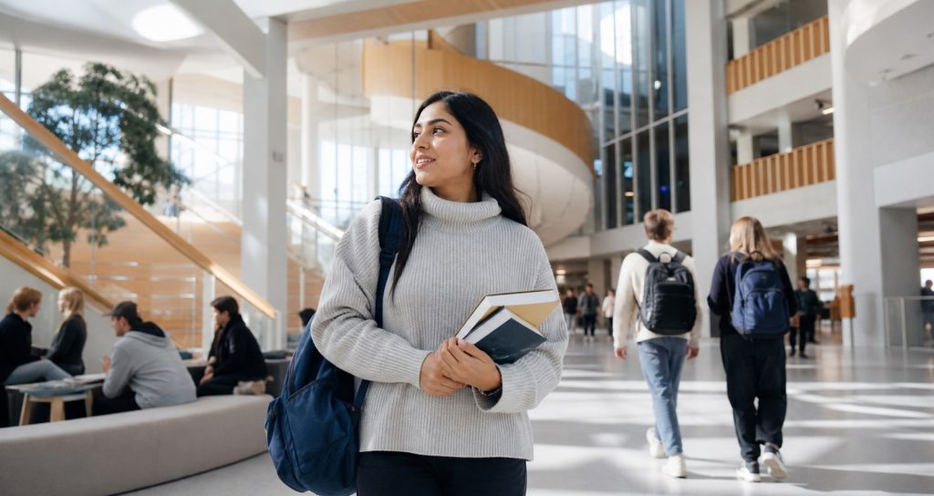 International student in a modern Nordic university atrium