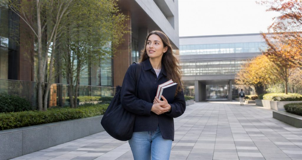 International student walking through a modern Japanese university campus